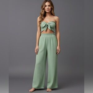 Green  Tie Front Tube Top & Wide Leg Pants